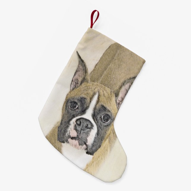 Boxer Painting - Cute Original Dog Art Small Christmas Stocking (Front (Hanging))