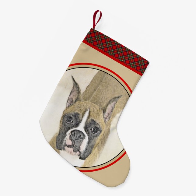 Boxer Painting - Cute Original Dog Art Small Christmas Stocking (Front (Hanging))