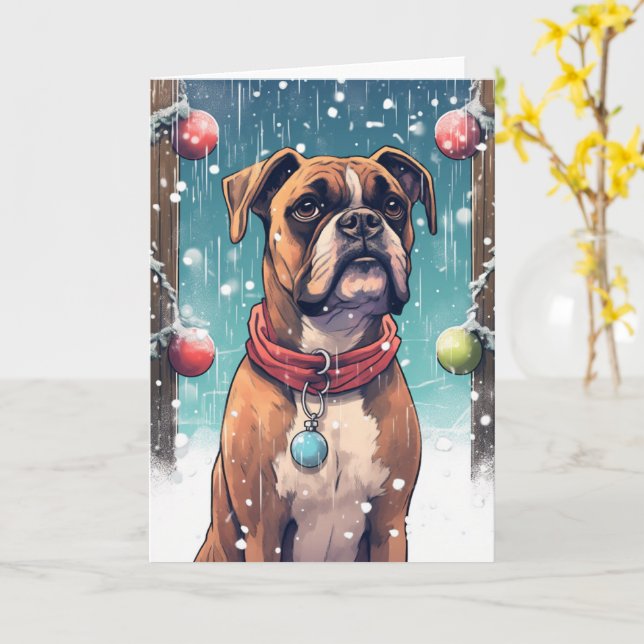 Boxer Playing with Christmas Baubles in the Snow Card (Yellow Flower)