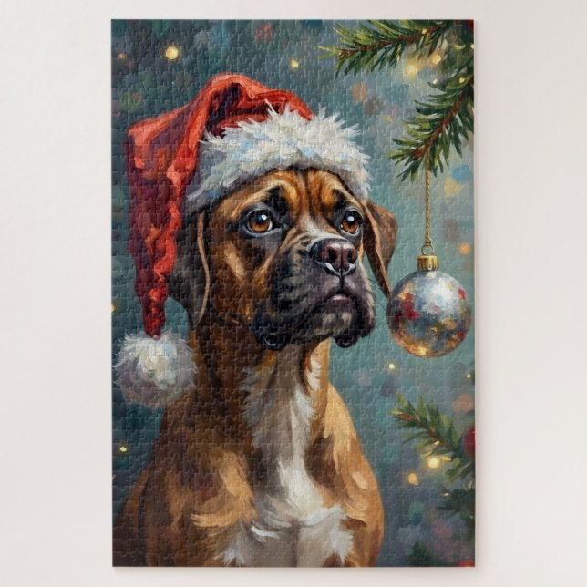 Boxer Playing with Christmas Jigsaw Puzzle (Vertical)