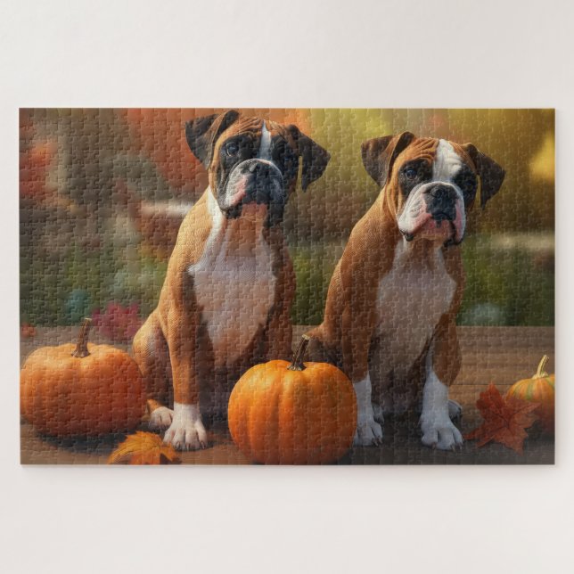 Boxer Puppy Autumn Delight Pumpkin  Jigsaw Puzzle (Horizontal)