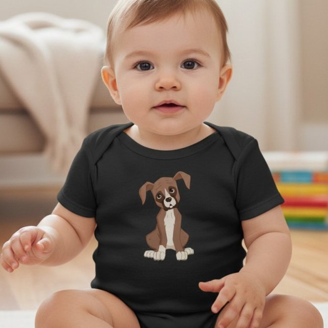 Boxer puppy baby bodysuit (A baby wearing a cartoon boxer puppy portrait onesie in black, perfect for dog loving families.)