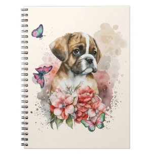 Boxer puppy in flowers notebook