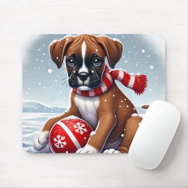 Boxer Puppy in Snowy Scenery Holding a Ball Mouse Mat (With Mouse)
