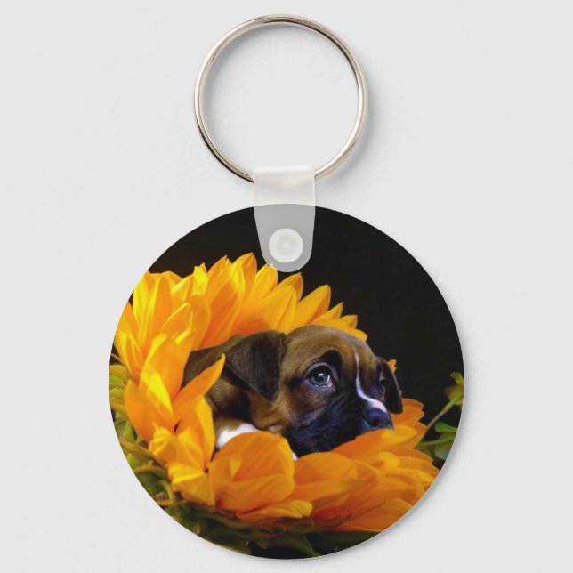 Boxer puppy in Sunflower keychain (Front)