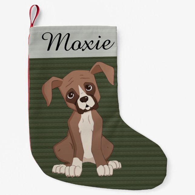 Boxer puppy on a Green Christmas Pattern Small Christmas Stocking (Front)