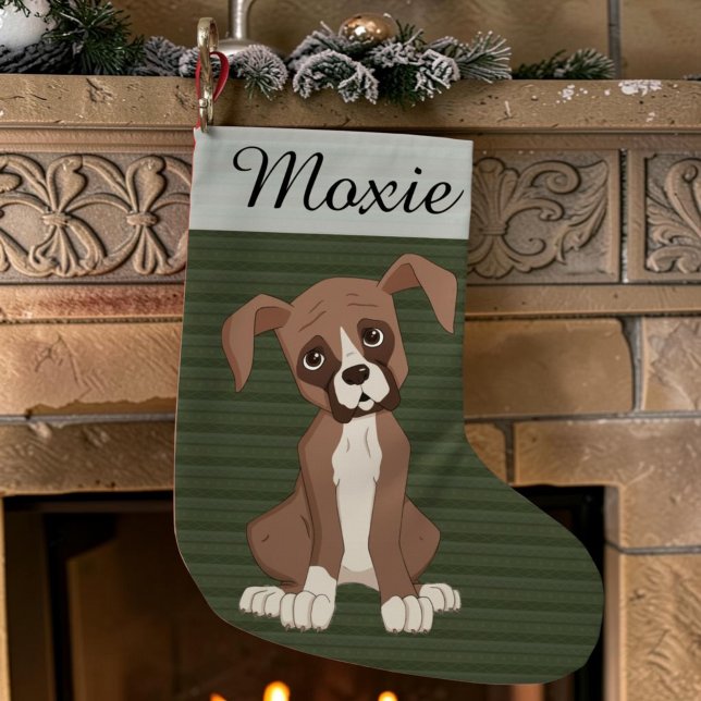 Boxer puppy on a Green Christmas Pattern Small Christmas Stocking (A cute cartoon portrait of a boxer puppy on a personalized Christmas stocking with green stripes.)