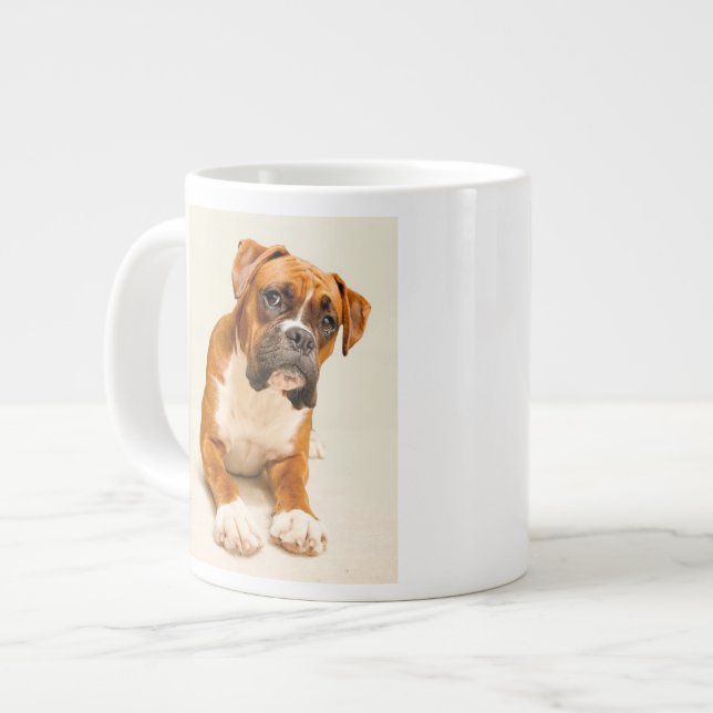 Boxer puppy on ivory cream backdrop. large coffee mug (Front Left)