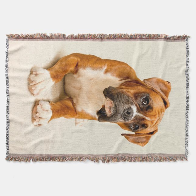 Boxer puppy on ivory cream backdrop. throw blanket (Front)