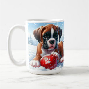 Boxer Puppy Playing in Snow with a Red Toy Ball Coffee Mug