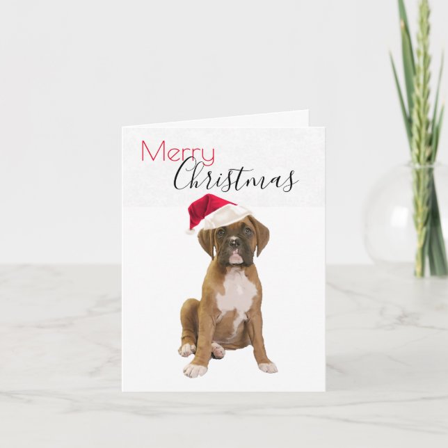 Boxer Puppy Santa Hat Christmas Holiday Card (Front)