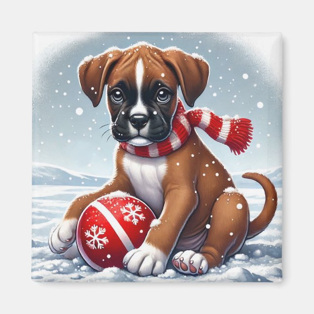 Boxer Puppy Wearing a Red Scarf Magnet (Front)