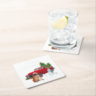 Boxer Red Truck Merry Christmas Snowman Dog Lover Square Paper Coaster