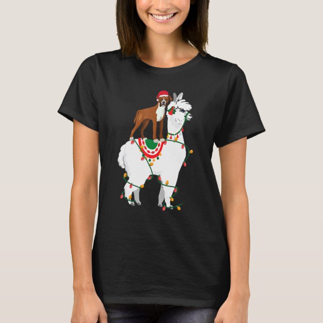 Boxer Riding Llama Lights Santa  Christmas Pajama  T-Shirt (Front)