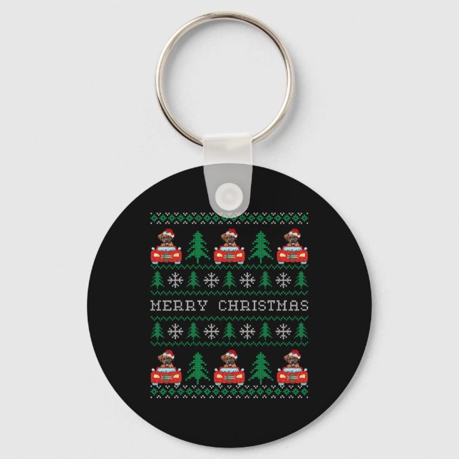 Boxer Riding Red Car Ugly Christmas Sweater Dog  Key Ring (Front)