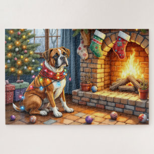 Boxer Sitting by Fireplace with Christmas Lights Jigsaw Puzzle