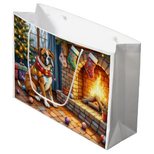 Boxer Sitting by Fireplace with Christmas Lights Large Gift Bag