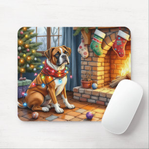 Boxer Sitting by Fireplace with Christmas Lights Mouse Mat
