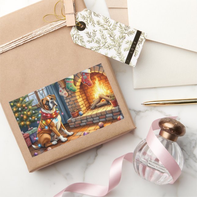 Boxer Sitting by Fireplace with Christmas Lights Rectangular Sticker (Gifting)
