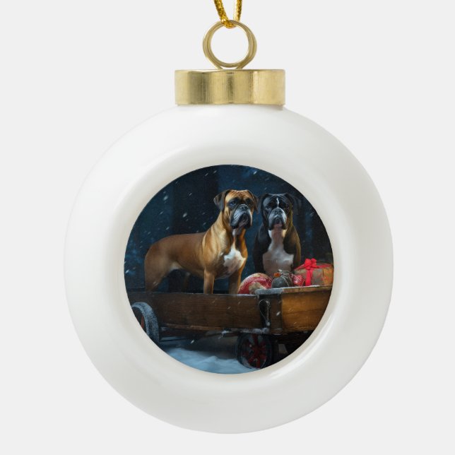 Boxer Snowy Sleigh Christmas Decor Ceramic Ball Christmas Ornament (Front)
