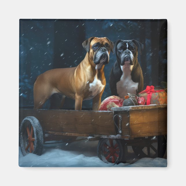 Boxer Snowy Sleigh Christmas Decor Magnet (Front)