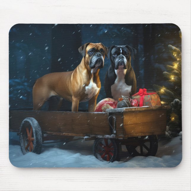 Boxer Snowy Sleigh Christmas Decor Mouse Mat (Front)