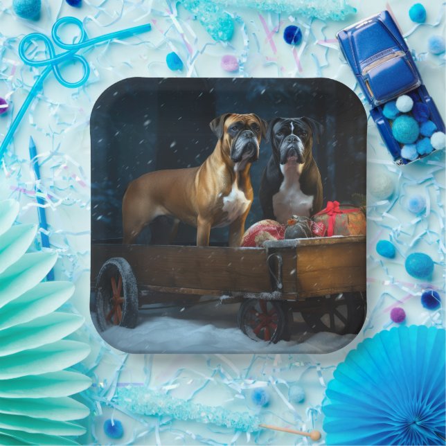 Boxer Snowy Sleigh Christmas Decor Paper Plate (Party)