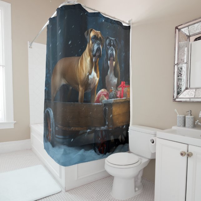 Boxer Snowy Sleigh Christmas Decor Shower Curtain (In Situ)