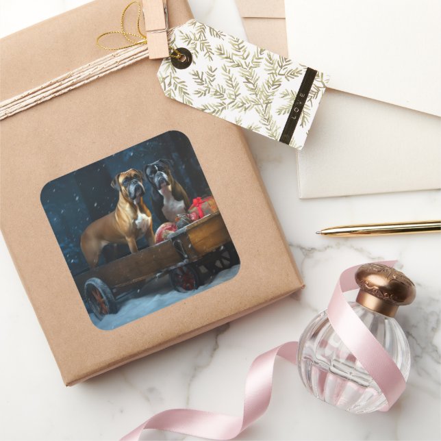 Boxer Snowy Sleigh Christmas Decor Square Sticker (Gifting)