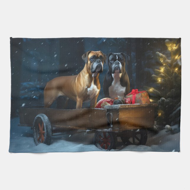 Boxer Snowy Sleigh Christmas Decor Tea Towel (Horizontal)