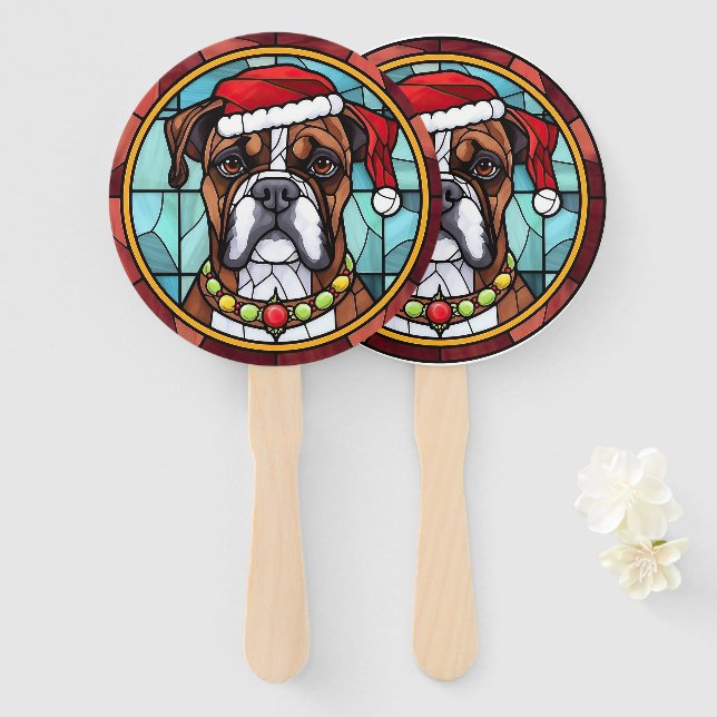 Boxer Stained Glass Christmas  Hand Fan (Front and Back)