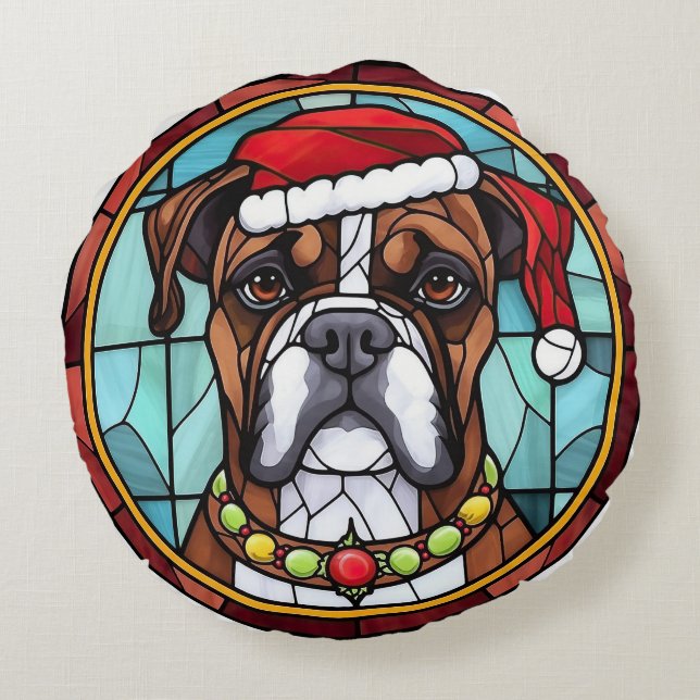 Boxer Stained Glass Christmas  Round Cushion (Back)