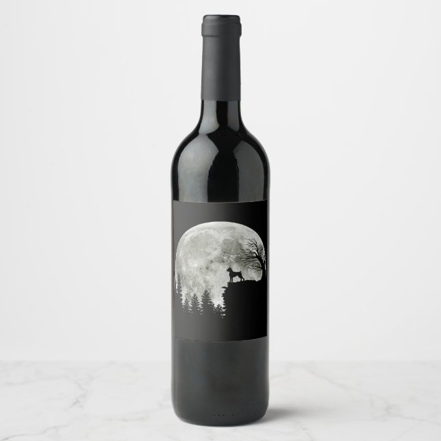 Boxer Standing on Mountain Moon Light Halloween Wine Label (Front)