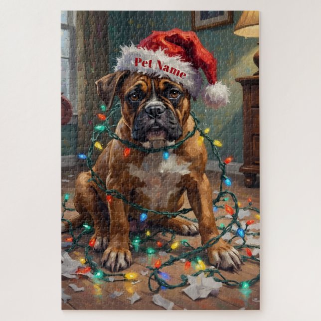Boxer Tangled in Christmas Lights Guilty Hat Jigsaw Puzzle (Vertical)