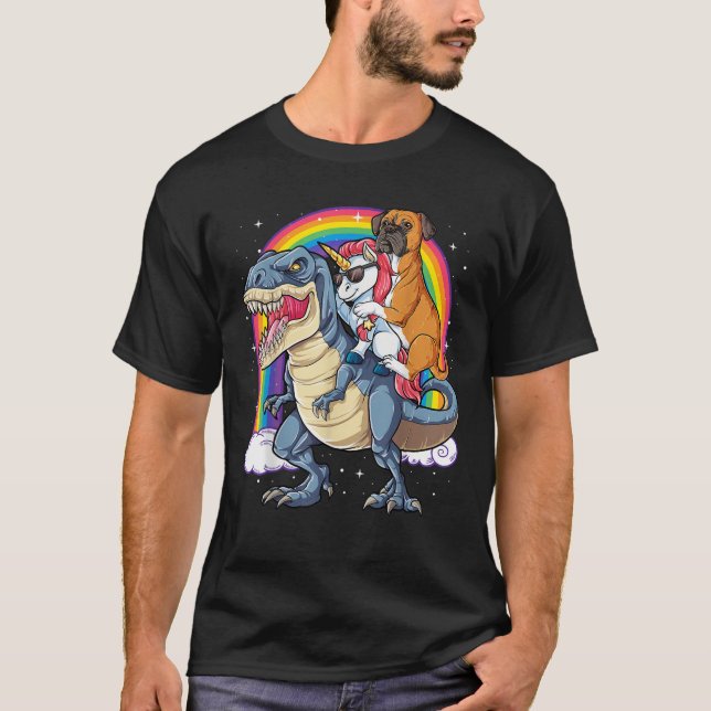Boxer Unicorn Riding Dinosaur T rex Girls Kids Boy T-Shirt (Front)