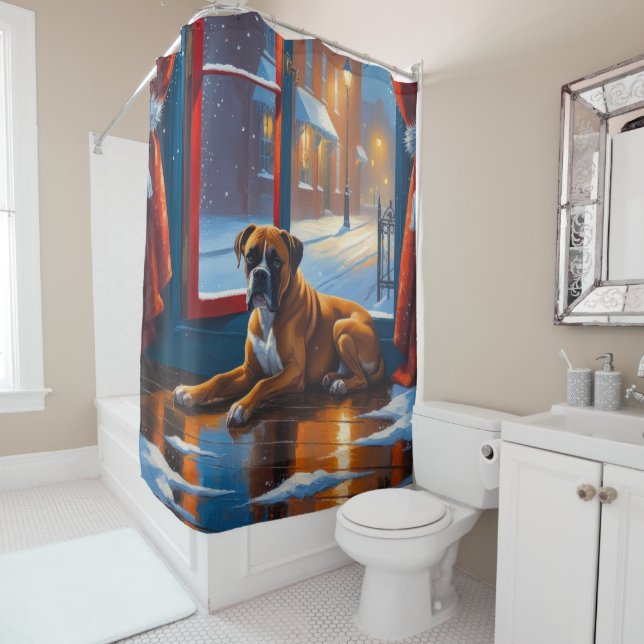 Boxer with Christmas Lights Holiday Shower Curtain (In Situ)
