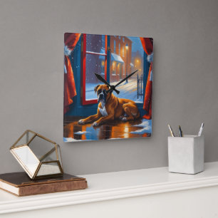 Boxer with Christmas Lights Holiday Square Wall Clock