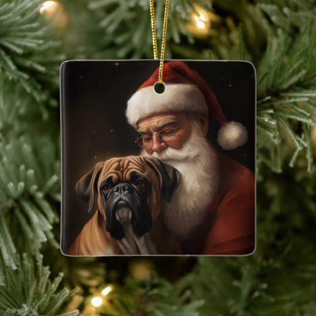 Boxer With Santa Claus Festive Christmas Ceramic Ornament (Tree)