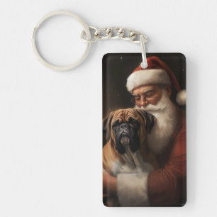 Boxer With Santa Claus Festive Christmas Key Ring