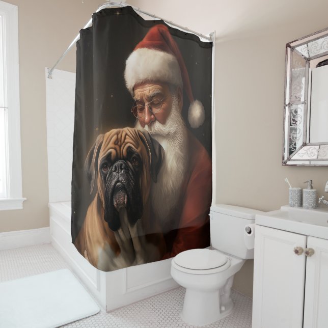 Boxer With Santa Claus Festive Christmas Shower Curtain (In Situ)