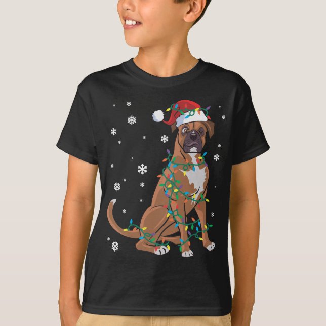 Boxer Wrapped In Christmas Lights Dog T-Shirt (Front)