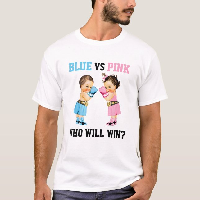 Boxing Babies Boy Girl Gender Reveal Blue or Pink T-Shirt (Front)