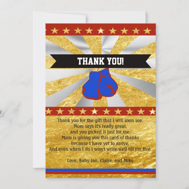 Boxing Baby Shower Thank You Card Note Gold (Front)