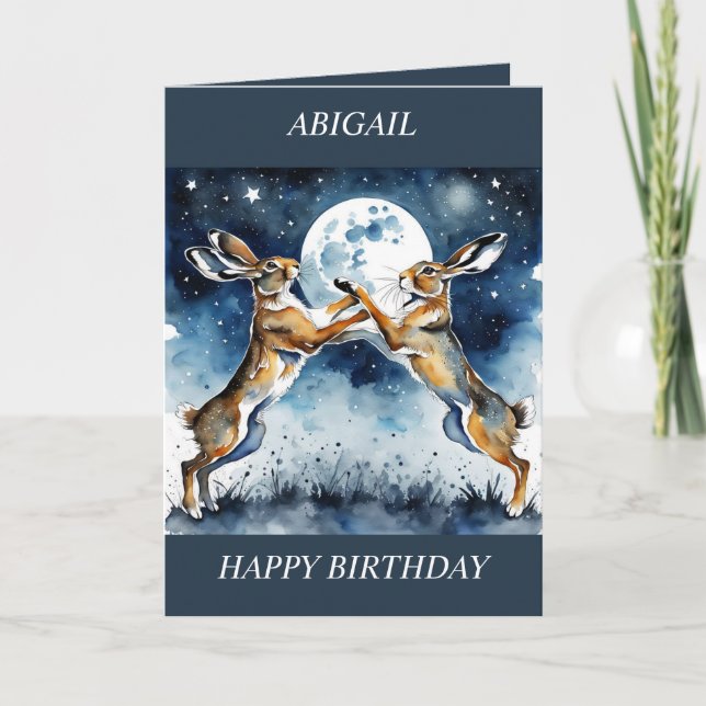Boxing Hares Full Moon Birthday Card (editable) (Front)