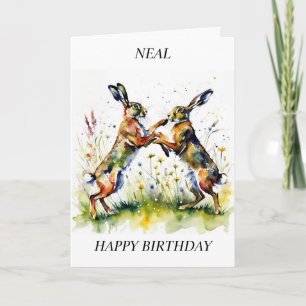 Boxing Hares Spring Meadow Birthday Card