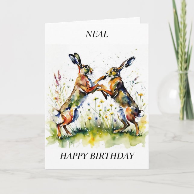 Boxing Hares Spring Meadow Birthday Card (Front)
