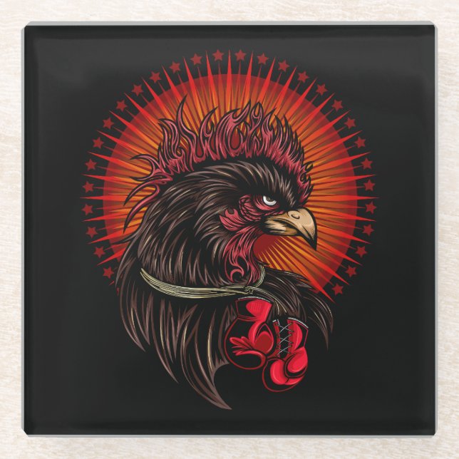 Boxing Rooster Glass Coaster (Front)