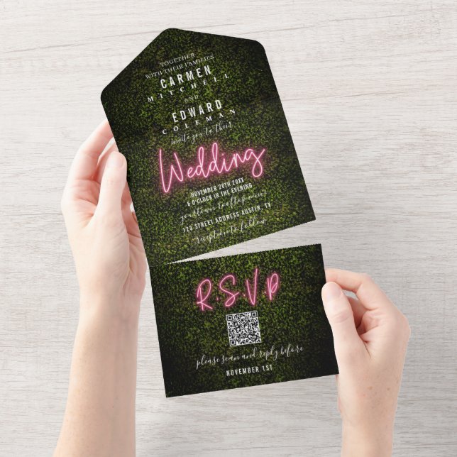 Boxwood and Pink Neon Sign Wedding RSVP All In One Invitation (Tearaway)