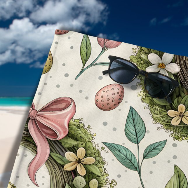 Boxwood Easter Wreath Pink Bow with Egg Beach Towel (Creator Uploaded)