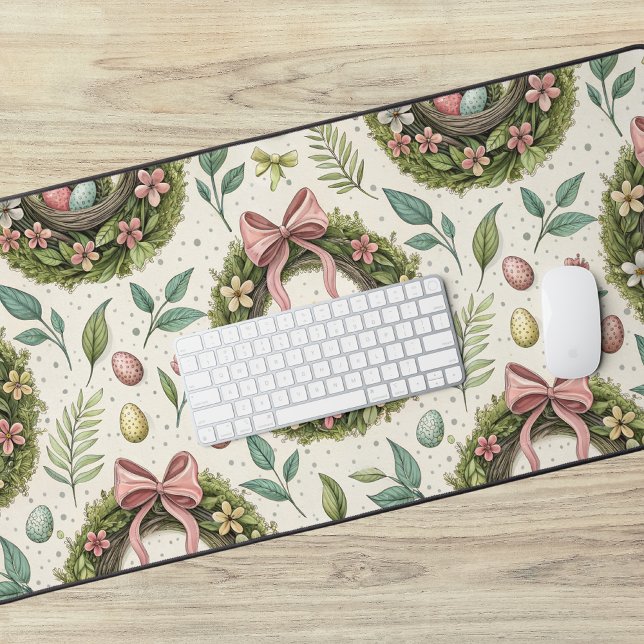 Boxwood Easter Wreath Pink Bow with Egg Desk Mat (Creator Uploaded)